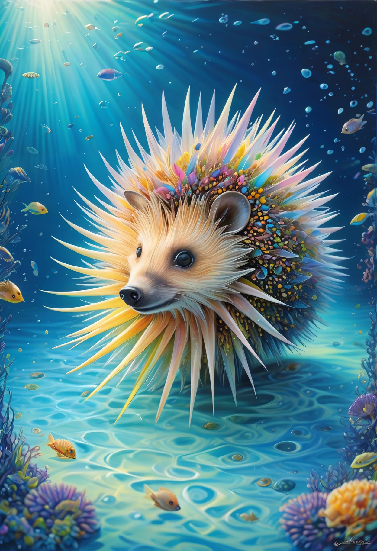 hedgehog, underwater, bioluminescence, quill tips glowing, colorful, whimsical, beautiful, high quality, (masterpiece, high detail, best quality), realistic, fantasy