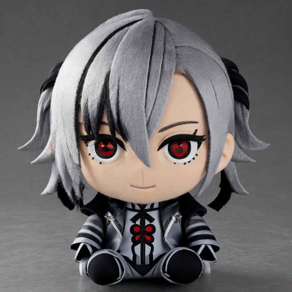 <lora:arlecchino:0.9> arlecchino \(genshin impact\), 1girl, grey hair,multicolored hair, short hair,black eyes, x-shaped pupils,black gloves, long sleeves, grey jacket,grey bodysuit, black pants,
fog, mist, dark atmosphere,
<lora:woafu_plushify_v4:0.8>plushify, character stuffed toy, chibi,