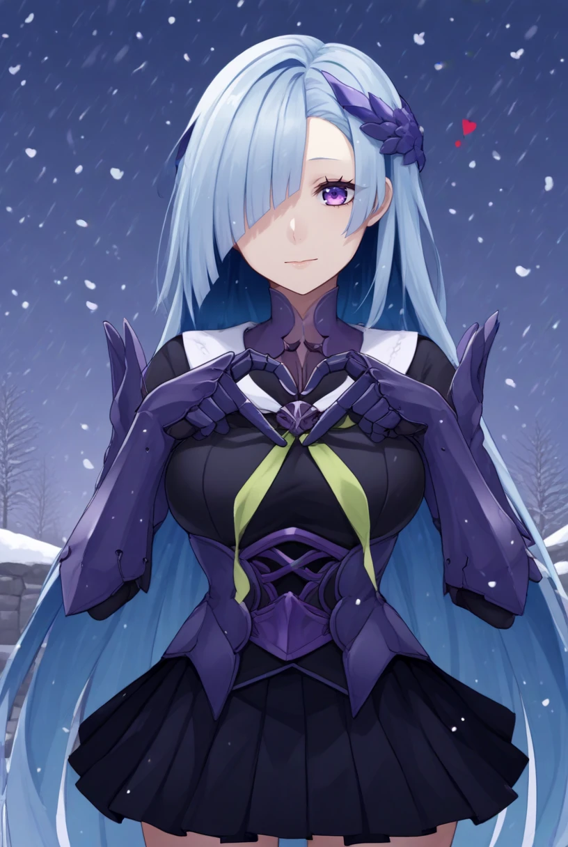 score_9, score_8_up, source_anime, rating_explicit  BREAK solo, 1girl, looking at viewer,  close-up, 
<lora:BrynhildrPdxlDwnsty-000008:1>,  brynhildr, purple eyes, blue hair, long hair, hair over one eye, hair ornament, armor, armored dress, black dress, gauntlets,  black skirt, pleated skirt, thighighs, heart fingers, heart hands,  <lora:Heart_Fingers__Concept_Lora-000007:1>
snow, snowing, winter, outdoors, nature,