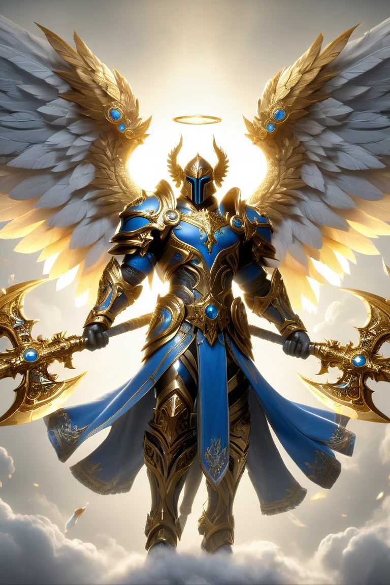 a cinematic shot of a of angel character wielding two golden Axes, dual axes, wearing blue and golden armor, wings, heaven in background, reflective light, HD, masterpiece, best quality, hyper detailed, ultra detailed