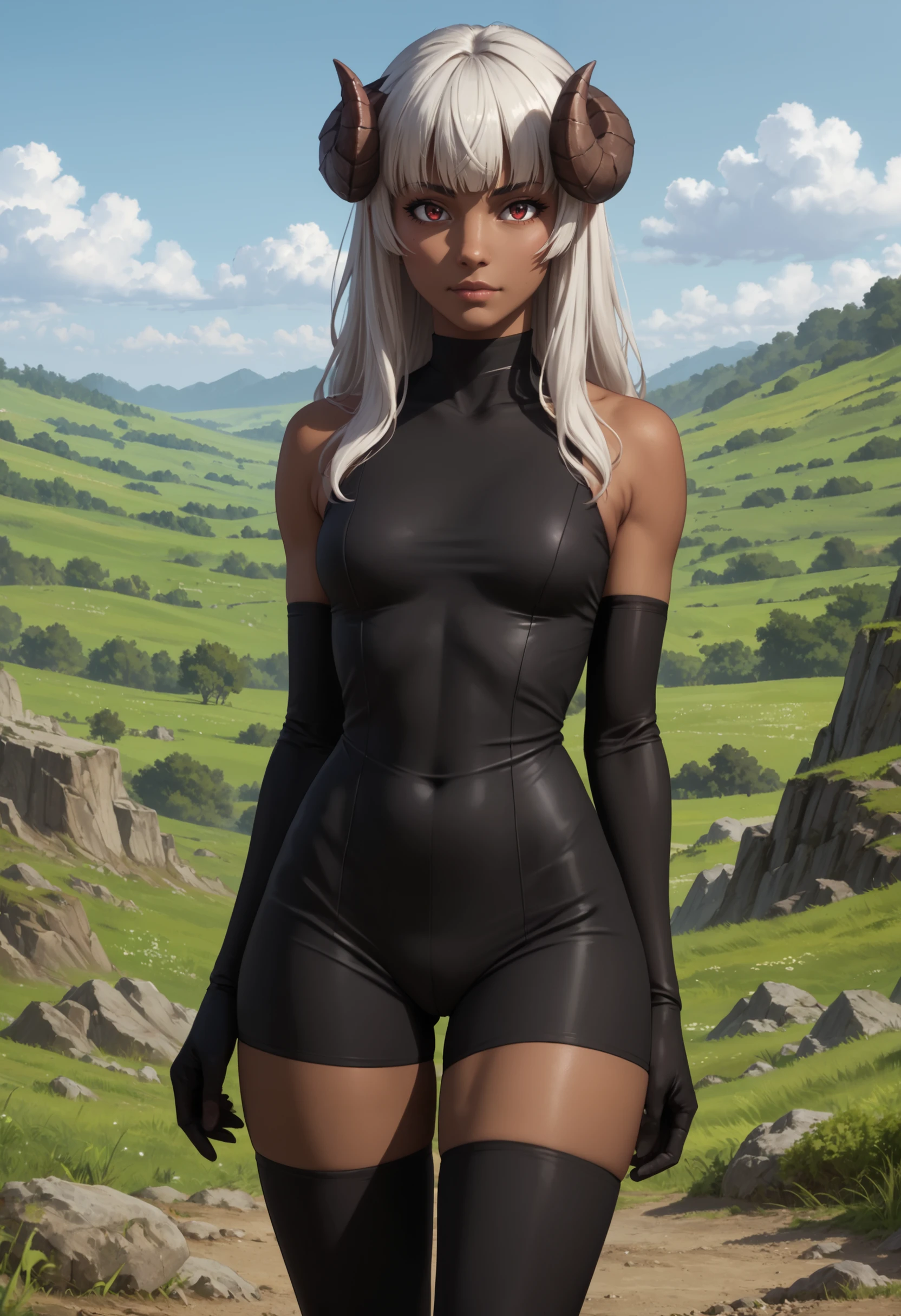 zPDXL, source_anime, 1girl, 
felm, horns, dark-skinned female,
black bodysuit, thighhighs, elbow gloves, 
standing, cowboy shot, arms behind back, 
outdoors, blue sky,
<lora:felm-pony-kohya6-000008:0.6>