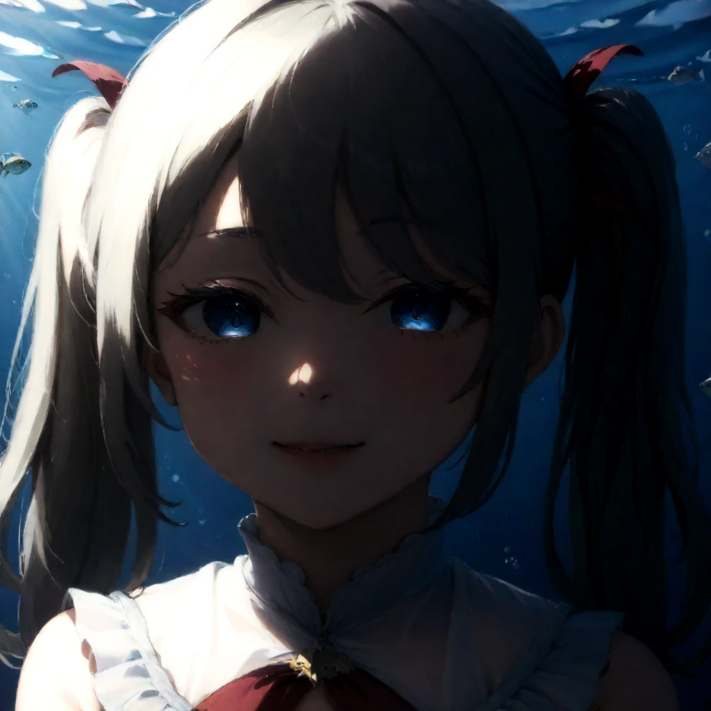 okawaii koto, 1girl, solo, subtle smile, platinum blonde hair, blue  eyes, twin tails, parted lips, red ribbon, underwater, fish, empty eyes, hand on own chin, Barbara \(Genshin Impact\), white dress, lace trim, lip gloss, white ribbon
[
ãã¼ãã©ããã¼ãºãããã®ï¼ãå¯æããã¨ã»ã»ã»
:24]
 <lora:Okawaii_koto:1> <lora:Barbarax_xl:1>