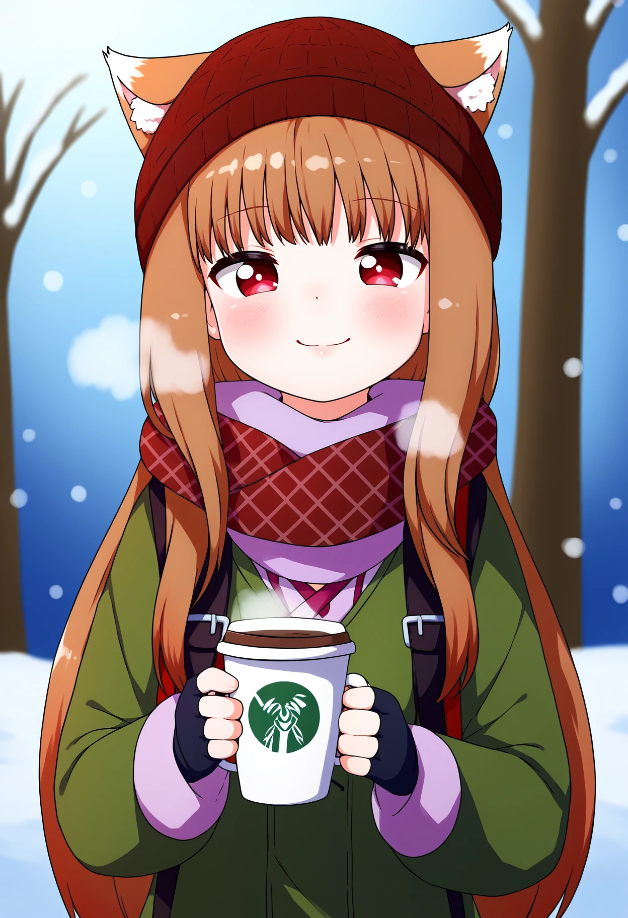 score_9, best quality, masterpiece, uncensored, source_anime
BREAK
1girl,solo, holo \(spice and wolf\), wolf ears, wolf tail, looking at viewer,smile,gloves,long sleeves,hat,holding, red eyes,jacket,upper body,multicolored hair,outdoors, day,black gloves,hood,fingerless gloves,bag,scarf,blurry,cup,coat,plaid,gradient hair,blurry background,backpack,breath,holding cup,red headwear,snow,snowing,nose,beanie,winter clothes,disposable cup,winter,coffee cup,(large breasts:0.7),traditional media, rimlight
<lora:done_(donezumi)_pony_v1:1>