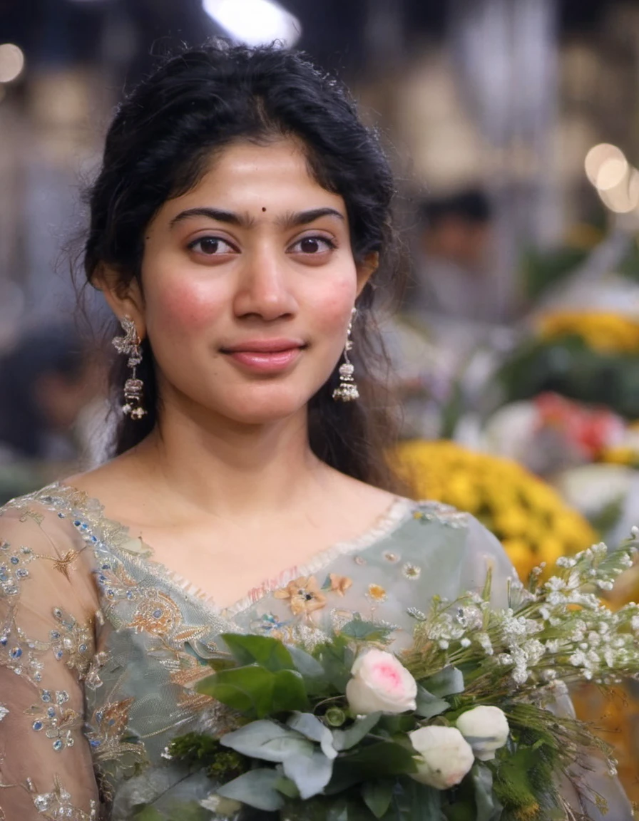 SaiPallavi,A waist up image of young beautiful florist in a market close up, subdued, tested of time, trending on artstation, sharp focus, studio photo, intricate details, highly detailed, UHD, 8K, dramatic lighting, by Sangyeob Park, beautiful eyes and lips