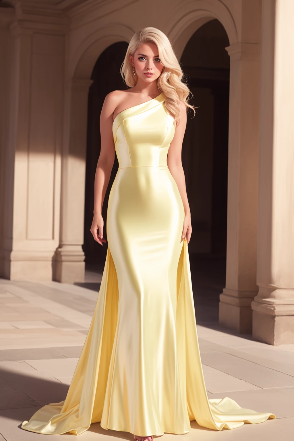 beautiful adult  woman, solo, long dress,  standing, bare arms __mu__,   platinum blonde hair, <lora:Outfit_soph-SmoothCapedGown:0.8> full body, __Scene_RomanticLocation__ ,best quality, high quality, high detail, 8k, __