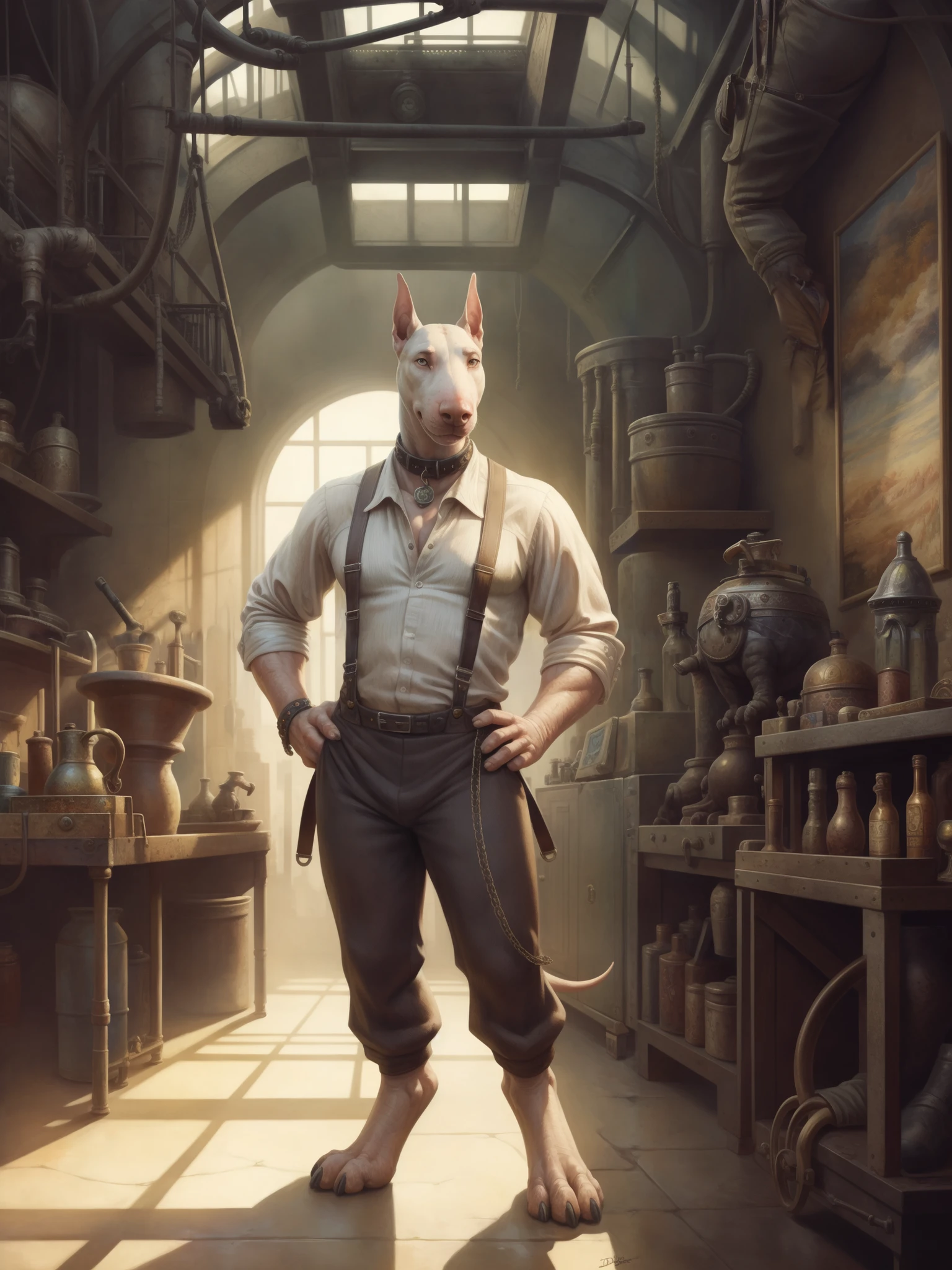 bull terrier, wearing fancy clothing, shirt, suspenders, pants, collar, digitigrade, barefoot, pose, (art:1.2), detailed background,  [steampunk|(retrofuturism)], sunlight, realistic, Diego Gisbert Llorens, josan gonzalez, dan mumford