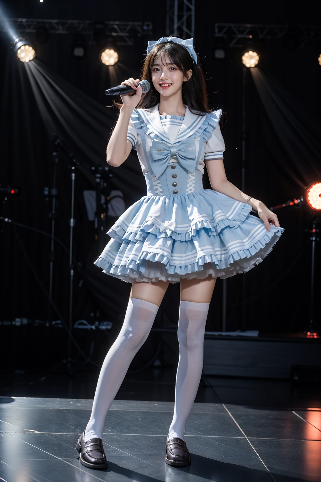 best quality, masterpiece, realistic, photorealistic, 1girl, solo, grin, standing, full body, (holding microphone:1.2), voice actor, singing, cyb dress, dress, light blue dress, short sleeves, frilled dress, layered dress, suspender skirt, white shirt, frills, sailor collar, bow, white thighhighs, loafers, stage, stage in the backgorund, stage lighting, stage spotlight, detailed background, audience, people , <lora:idol_costume_style9_v1:0.7>