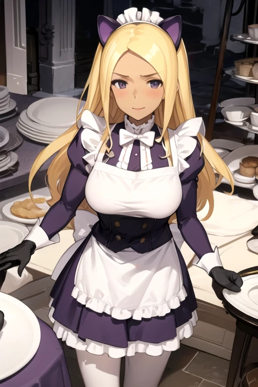 WydineUptown, 1girl, solo, long hair, blonde hair, large breasts, black gloves, long sleeves, purple dress, fake animal ears, pantyhose, frills, cat ears, dark skin, maid apron, dark-skinned female, maid headdress, 