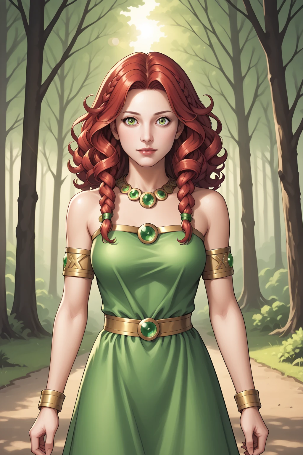 (masterpiece:1.2, best quality:1.2, beautiful, high quality, highres:1.1, aesthetic),
1girl, solo, (merida:1.1), from disney's brave, emerald and gold, curly red hair, afro, long green dress, blue eyes,
<lora:gashi-gashi_v1__e7_R-128:0.7> <lora:CartoonCraftLora_V1:0.7>