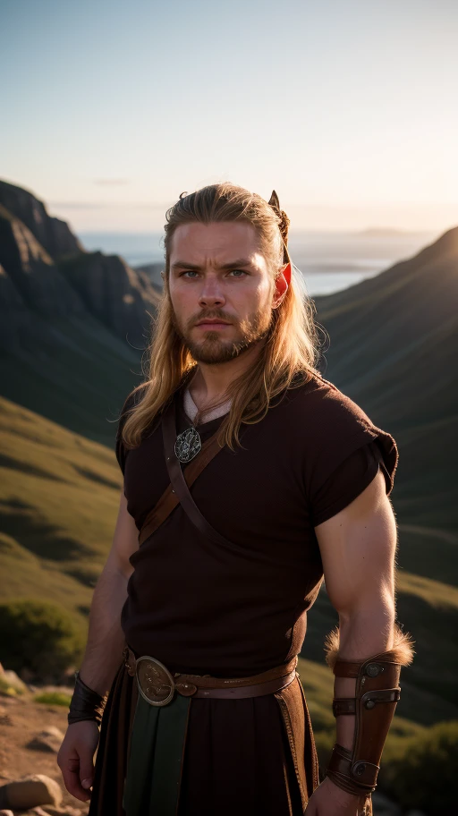 raw photo, fierce Viking man, portrait, fashion photography, embodying bravery and resilience in a rugged landscape, (random background), depth of field