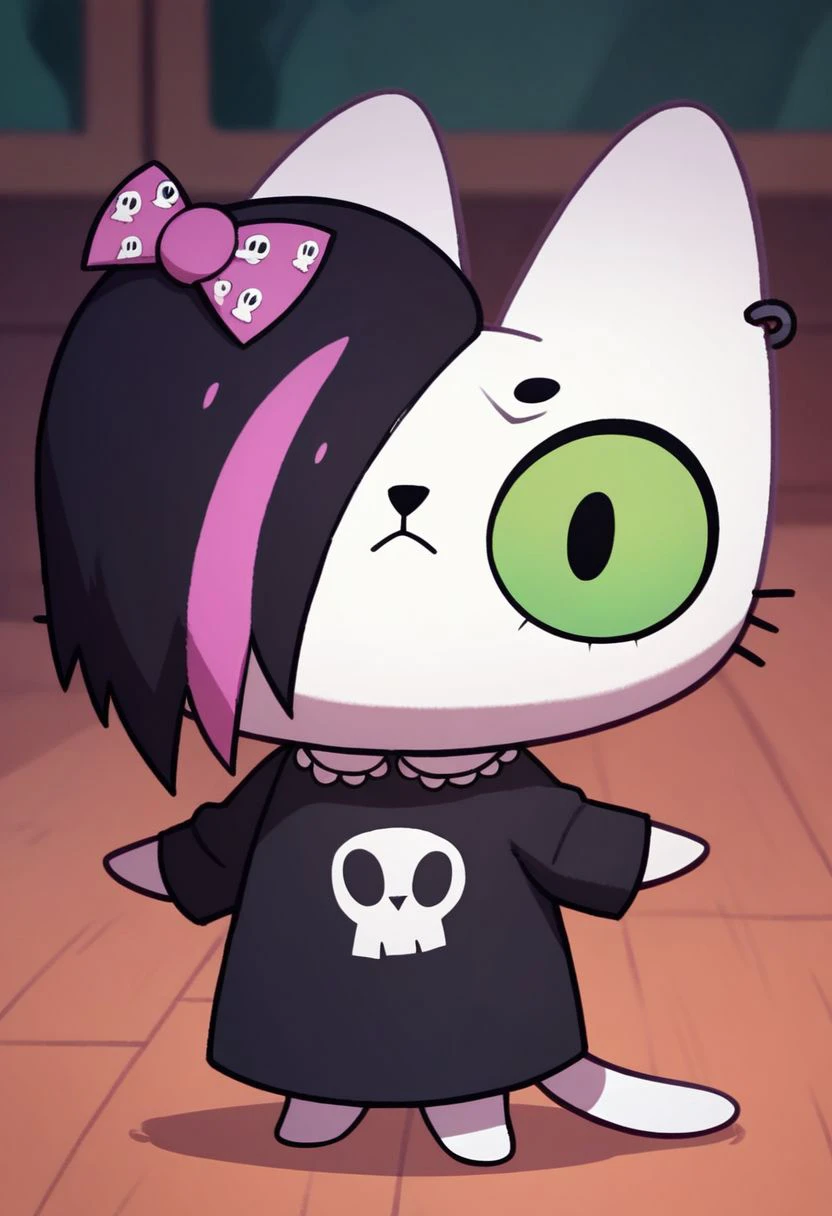 score_9, score_8_up, score_7_up, score_6_up, score_5_up, score_4_up,
Mursday, 1girl, cartoon cat, cute,
black dress, multicolored hair, green eye