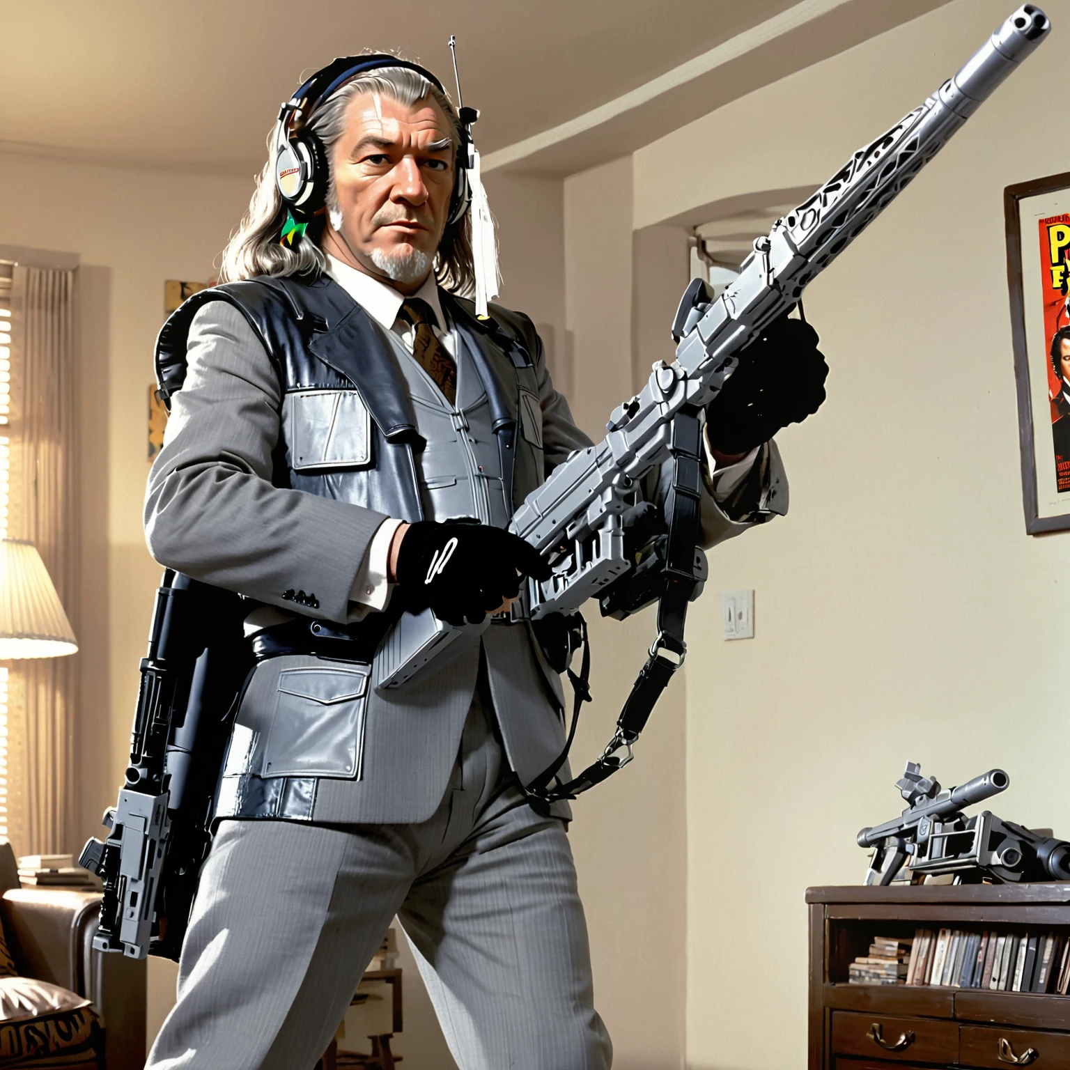 Gandalf aiming a rifle in the apartment scene from Pulp Fiction,  tarantino, wizard, movie poster, grey suit, m56smrt, headphones, optical sight, fingerless leather gloves, holding gun, headband, body armor, harness,