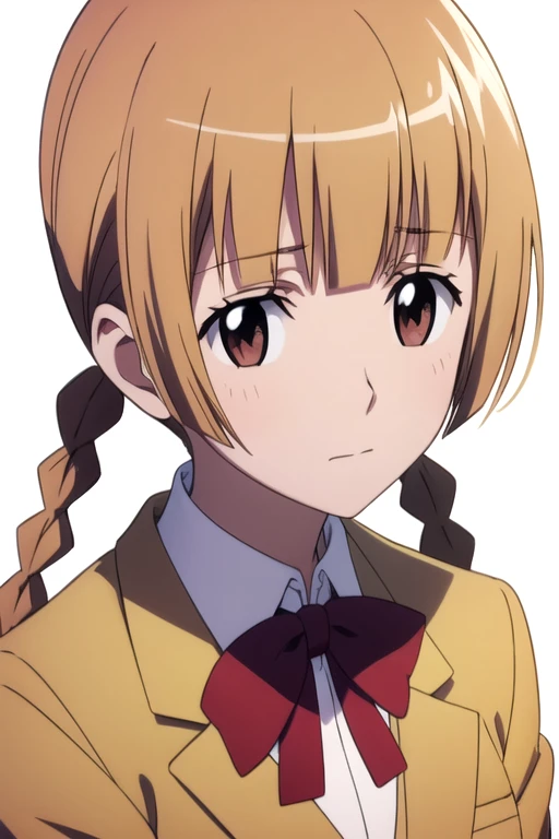 solo, 1girl, looking at viewer, 2D, anime, anime coloring, upper body, (solid white background:1.3), <lora:kaede-syd:0.8>, kaede igarashi, blazer, school uniform, closed mouth