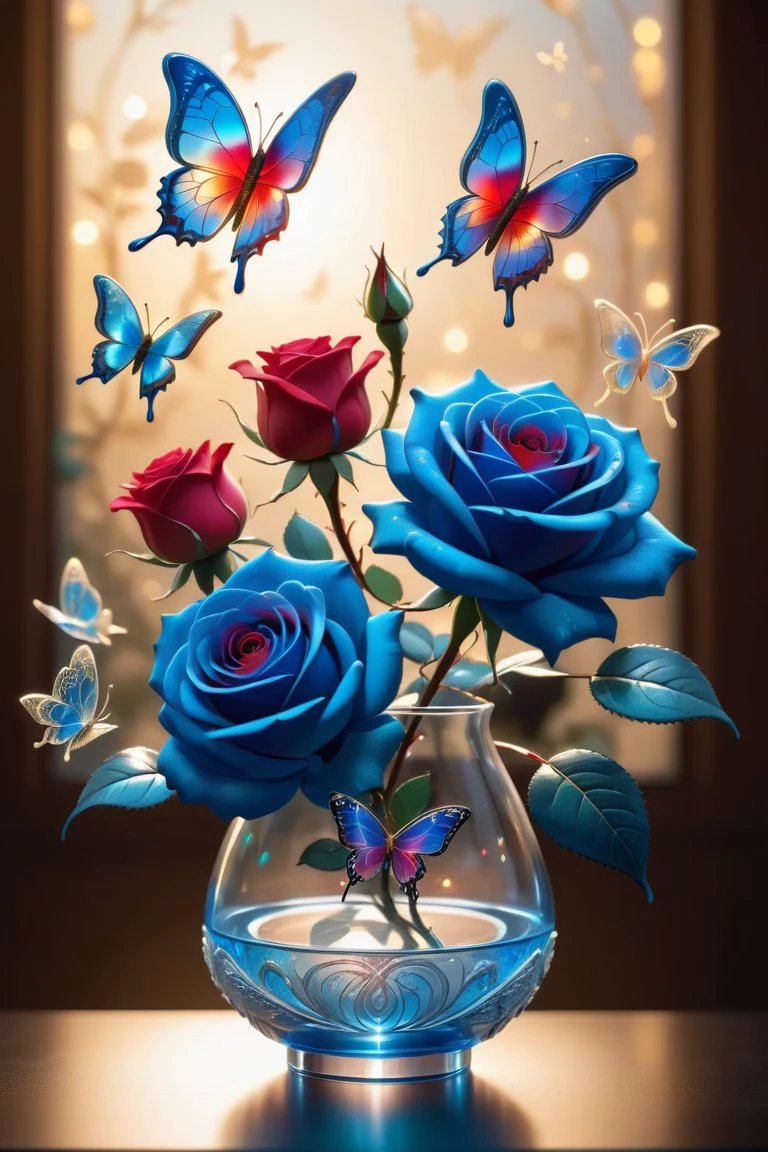 score_10,score_9, score_8_up, score_7_up, score_6_up, score_5_up, a beautiful transparent glass blue|ylow|red rose with a exquisite fragile iridescent glass leafs, surrounded with [white:2] butterflies, intricate details, masterpiece, award winning, rich, breathtaking, golden hour light, bokeh, atmospheric, ((close up))