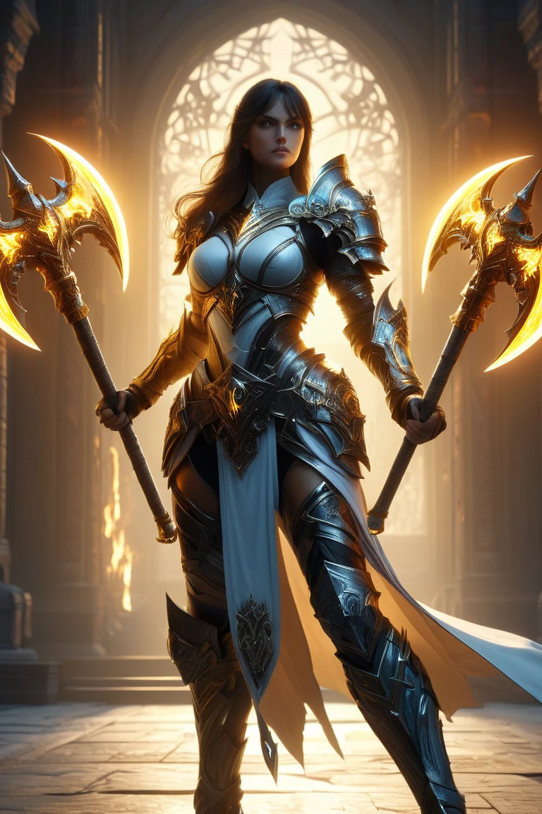 a cinematic shot of a beautiful female knight holding glowing dual axes, temple in background, reflective light, HD, masterpiece, best quality, hyper detailed, ultra detailed