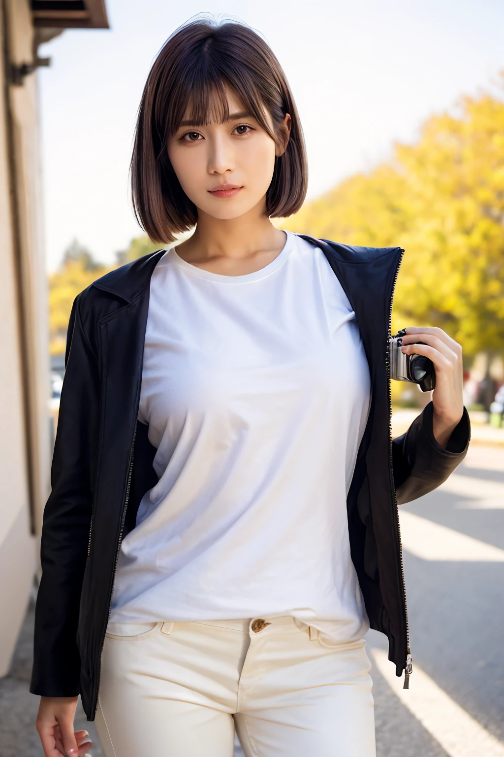 1girl, rihofujimori_jav, breasts, short hair, brown hair, brown eyes, blunt bangs, bangs, parted lips,  <lora:JAV_riho_fujimori_v1_epoch_10:0.8>
looking at viewer, shot using canon DSLR,  cowboy shot, from front, collared blouse, white pants,
detailed body, attractive body, perfect human body, realistic face, good hands,
(ultimate quality, masterpiece, highres:1.0), realistic:1.8, photorealistic,  <lora:goodhands_Beta_Gtonero:0>