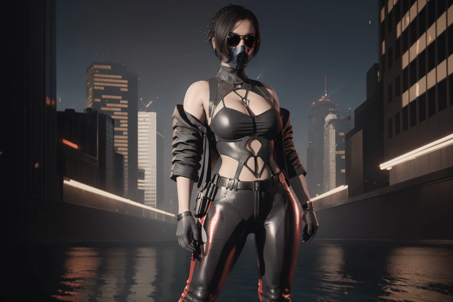 JetAugmentedHuman, mask, leather outfit, a pair of sunglasses, futuristic suit, lacy collar, off the shoulders jacket, sleeves pushed up, red pants, belt, rings, white boots, (showing feet to the screen:1.3), (cleavage, navel, curvy, curvy waist, sexy pose, away from the camera, full body:1), ((city background, city in the chaos:1)), (masterpiece, best quality:1), solo, 1girl, nsfw, blush, young, beautiful girl, sexy girl, (dynamic poses:1.2), arms behind back, aesthetic hands, female hands, beautiful hands, perfect hands, beautiful face, perfect face, extreme lighting, high contrast, 8K, sharp focus, high resolution scan, Nikon Z9, Canon 5d, high detailed, realistic, very realistic, photorealistic, photorealism, RAW,  ((full of water, water particles, fire particles, bokeh particles:1)), <lora:JetAugmentedHumanv1-000015:0.7>