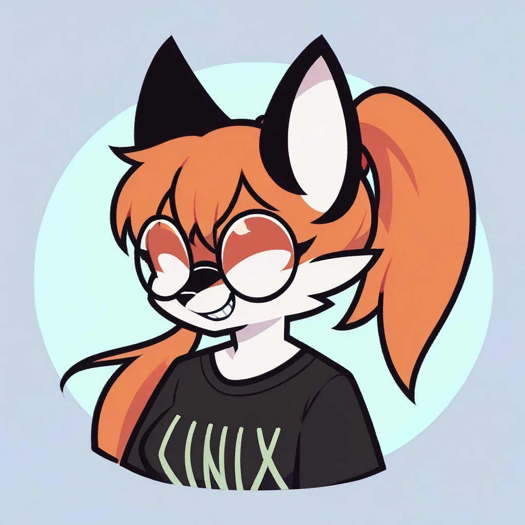 score_9, score_8_up, score_7_up, score_6_up, score_5_up, score_4_up, xenia, linux shirt, anthro fox female, round glasses, solo, hair tie, ponytie, bust, faceless female, evil grin, smug, (opaque glasses:1.3), no eyes, looking at you <lora:xenia-e11:1> <lora:PonyMinimalStyle:1> minimalstyle