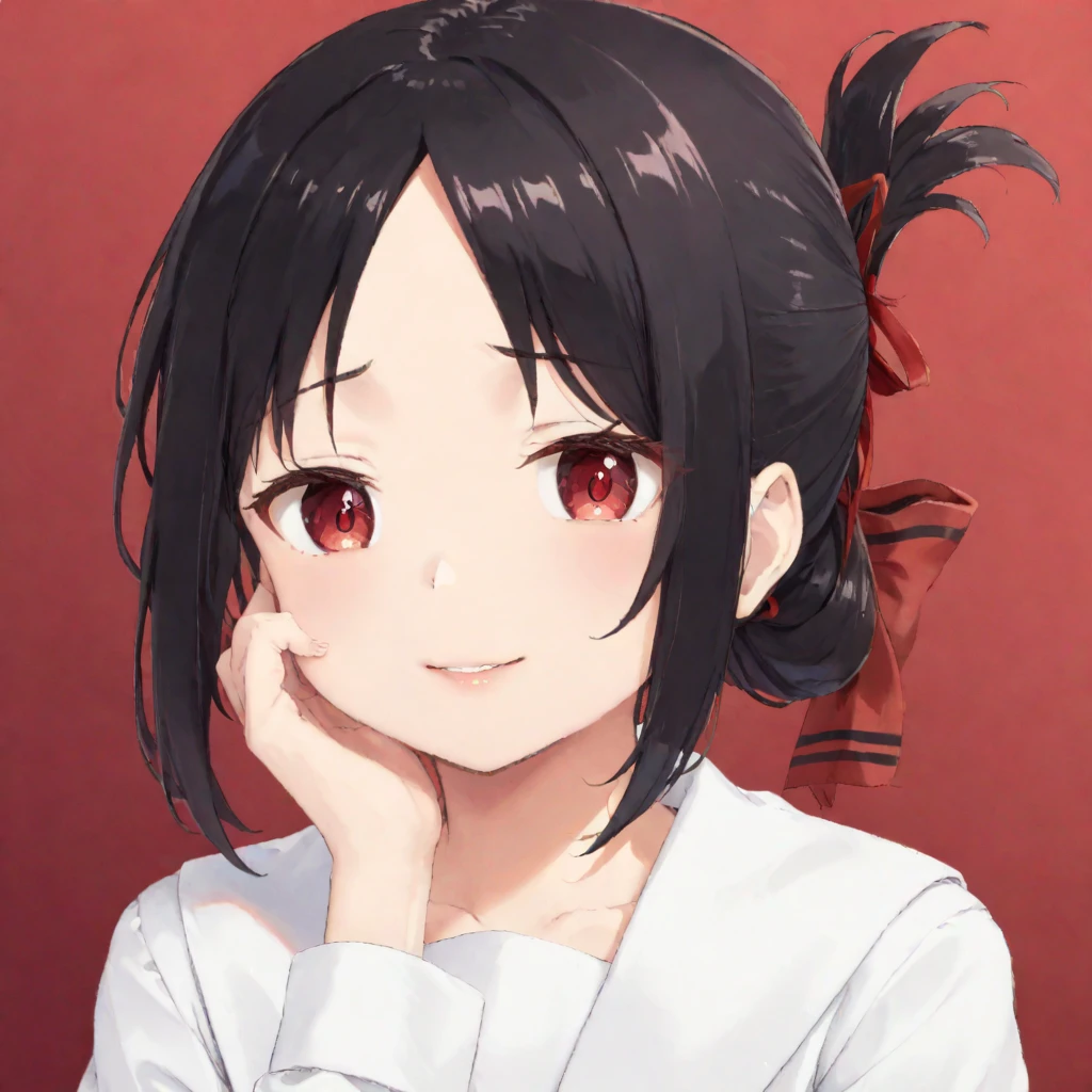 okawaii koto, 1girl, solo, subtle smile, black hair, red eyes, ribbon, school uniform, hair ribbon, parted lips, red ribbon, parted bangs, gradient background, red background, empty eyes, folded ponytail, hand on own chin, shuuchiin academy school uniform, shinomiya kaguya <lora:Okawaii_koto:1>