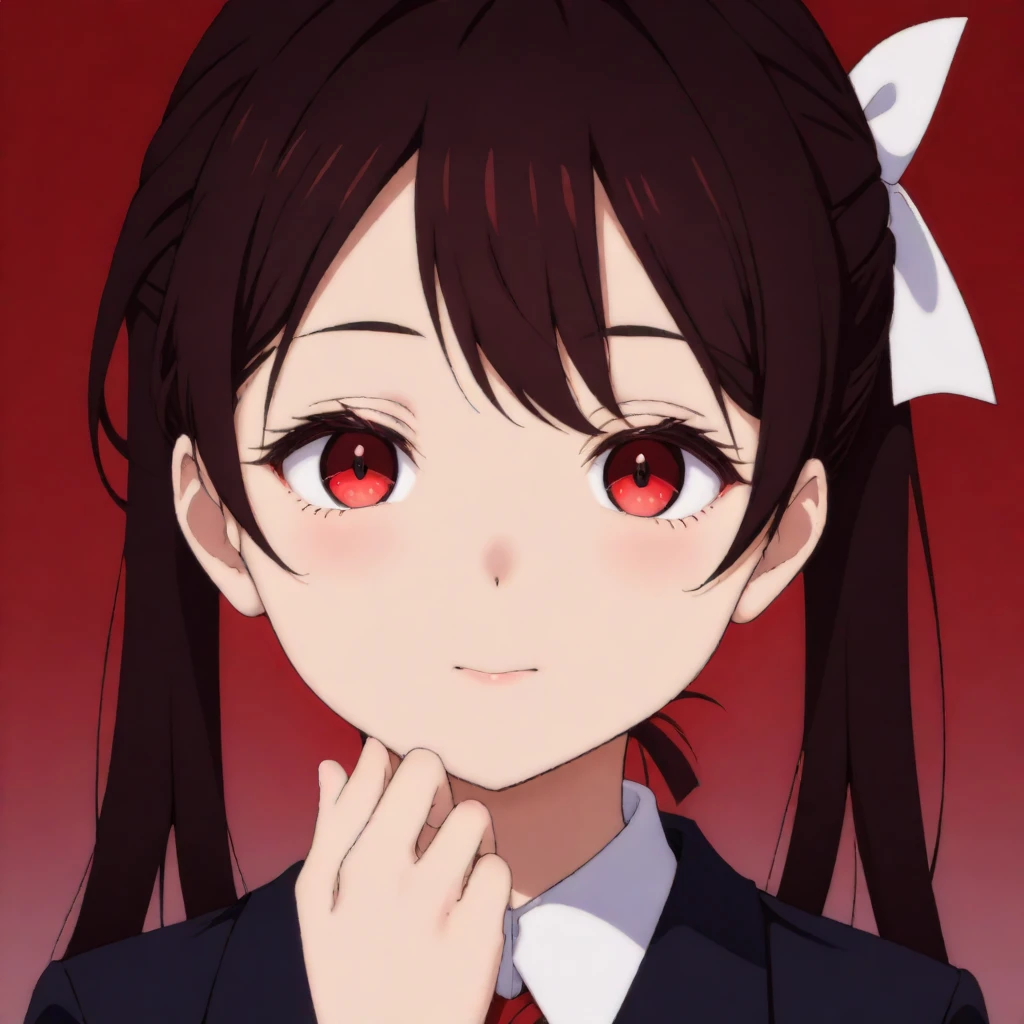 okawaii koto, 1girl, solo, subtle smile, black hair, red eyes, ribbon, school uniform, hair ribbon, parted lips, red ribbon, parted bangs, gradient background, red background, empty eyes, folded ponytail, hand on own chin, shuuchiin academy school uniform, shinomiya kaguya <lora:Okawaii_koto:1>