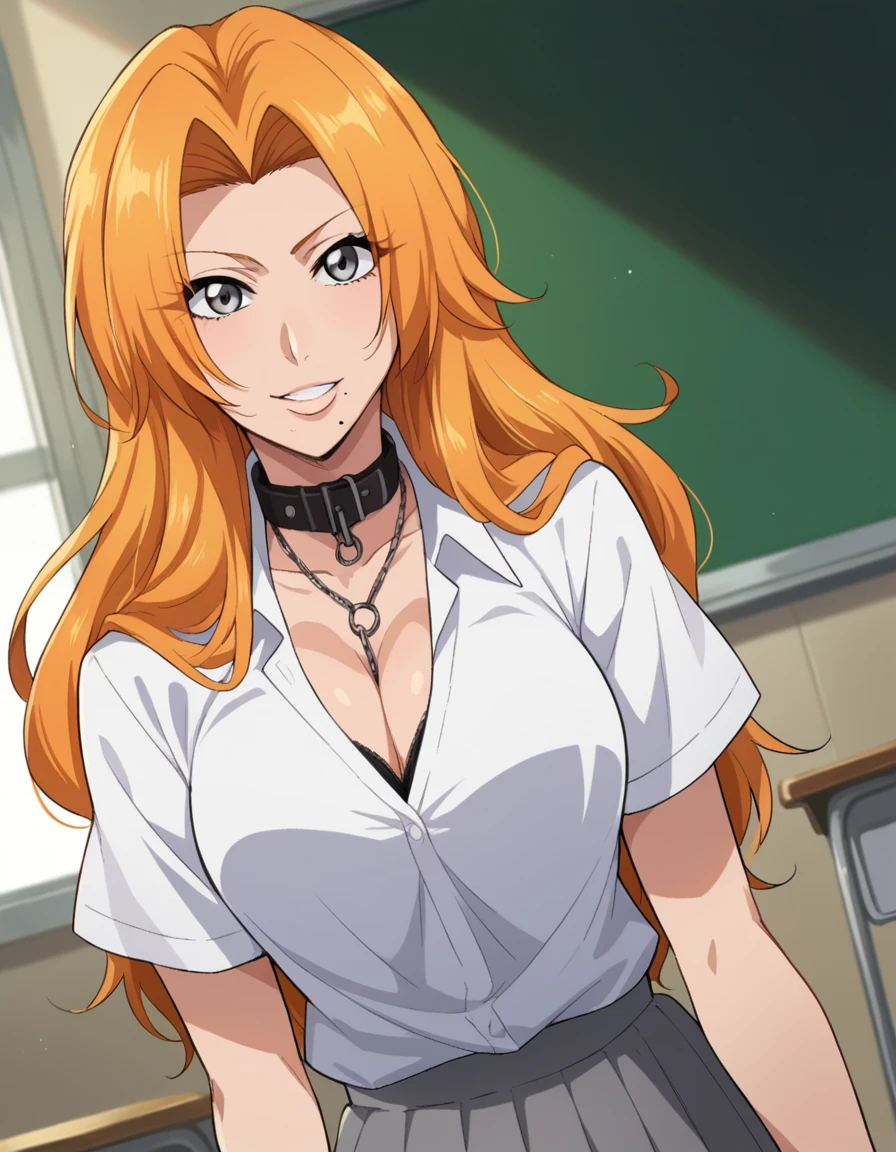 score_9, score_8_up, score_7_up, source_anime,
rangikumatsumoto, <lora:rangiku-matsumoto-anime-ponyxl-lora-nochekaiser:1>,
rangiku matsumoto, long hair, grey eyes, orange hair, mole, mole under mouth, parted bangs,
skirt, shirt, cleavage, jewelry, school uniform, pleated skirt, necklace, chain, collar, short sleeves, grey skirt, white shirt,
indoors, classroom, smile,
looking at viewer, cowboy shot, dutch angle,
