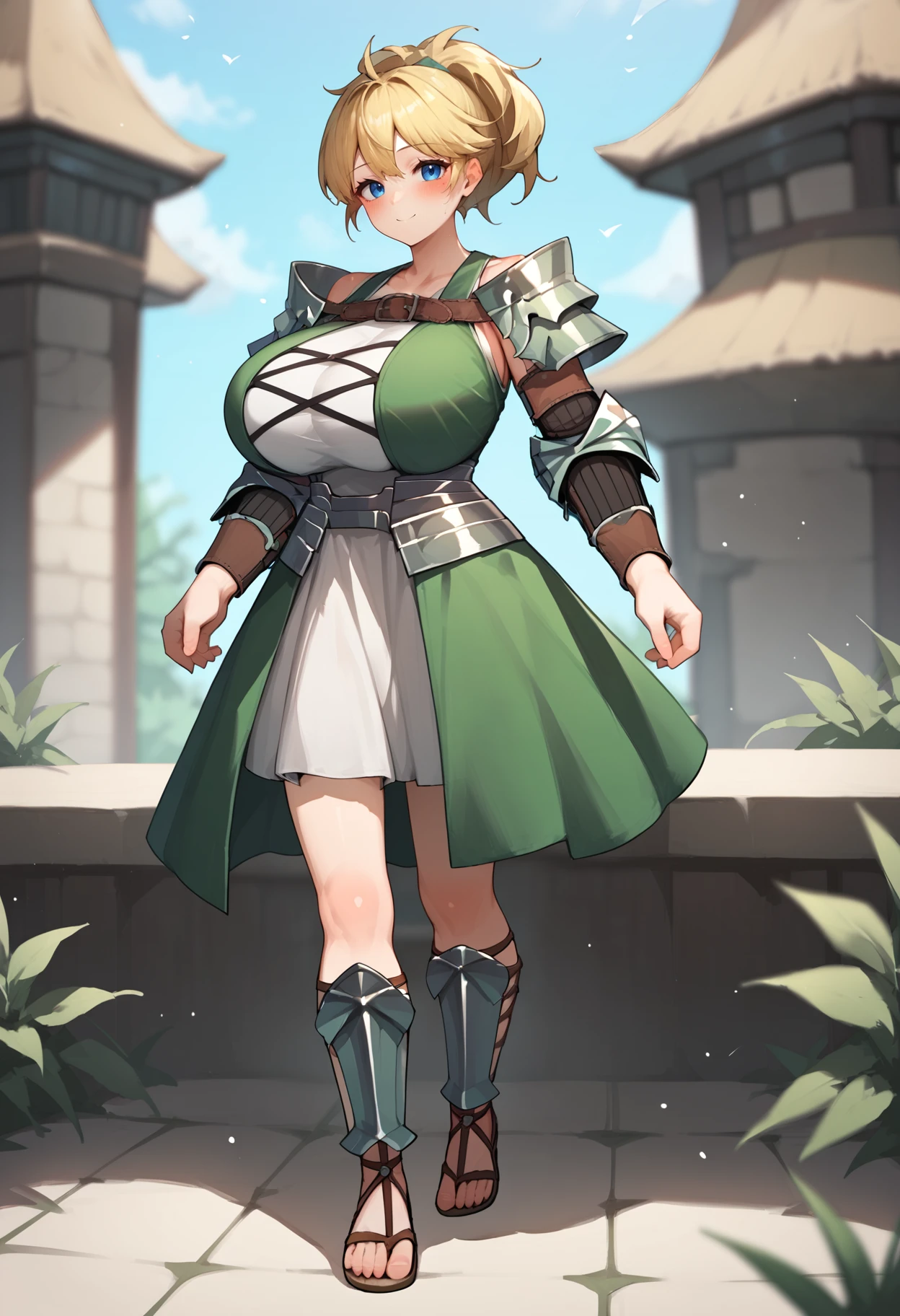 score_9, score_8_up, score_7_up, score_6_up, score_5_up, source_anime,
celeste,<lora:celeste_pony:0.9>
1girl,solo,
white dress,  green jacket, huge breasts,cross-laced clothes,armor,greaves,sandals, 
armor,shiny skin,
looking at viewer,blush,kind smile,
depth of field, fantasy,scenery,