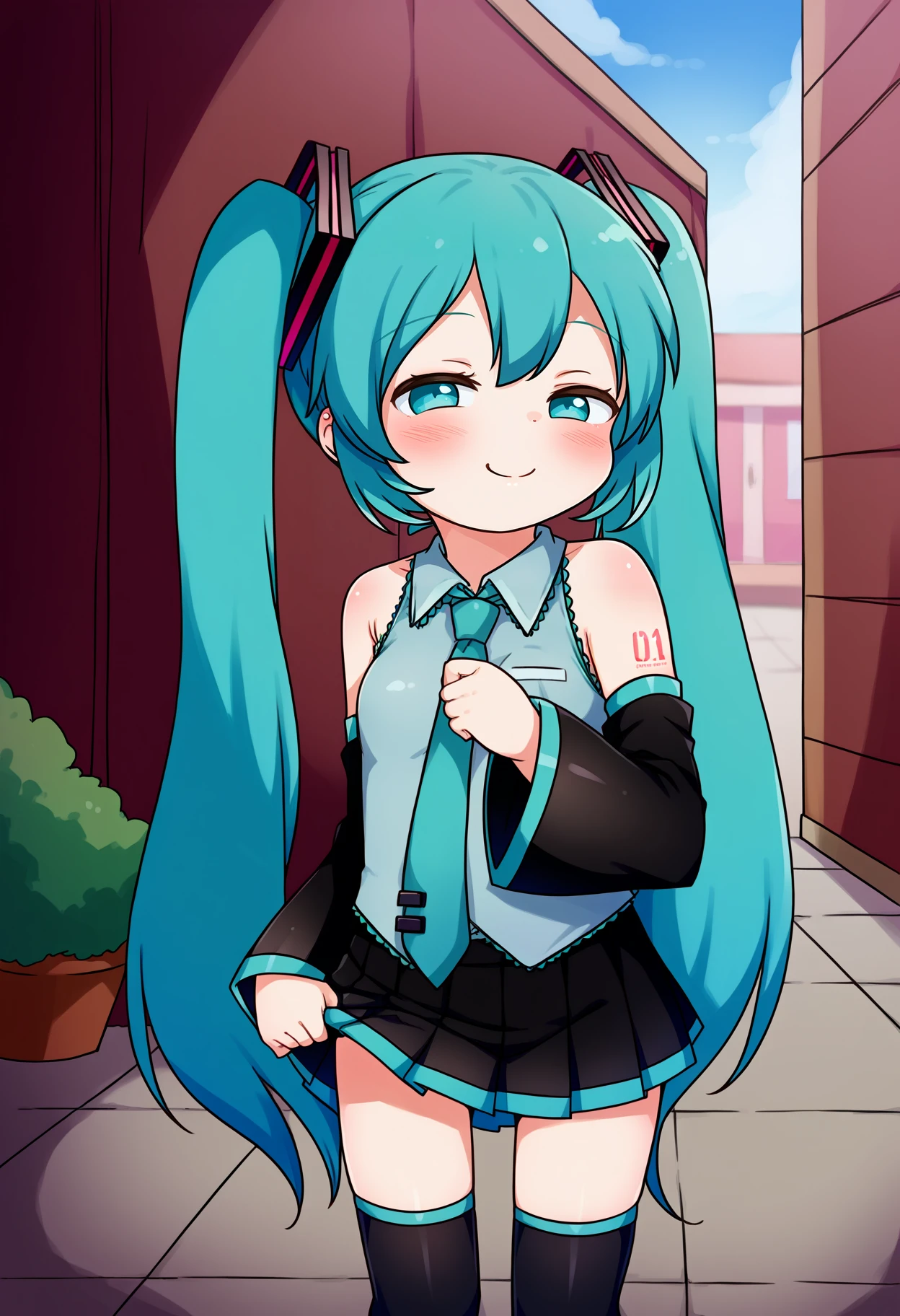 score_9, best quality, masterpiece, uncensored, source_anime
BREAK
1girl, standing, hatsune miku, looking at viewer, cowboy shot, shirt, pleated skirt, smug, half-closed eyes, outdoors, skirt grab
<lora:done_(donezumi)_pony_v1:1>