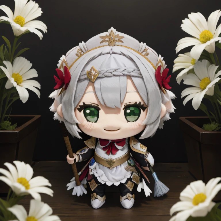 <lora:woafu_plushify_v4:0.8>plushify, character stuffed toy, chibi,
<lora:noelle1:0.8> noelledef, grey white hair, green eyes, headdress,
holding broom,
happy, smiling,
spring, flowers,