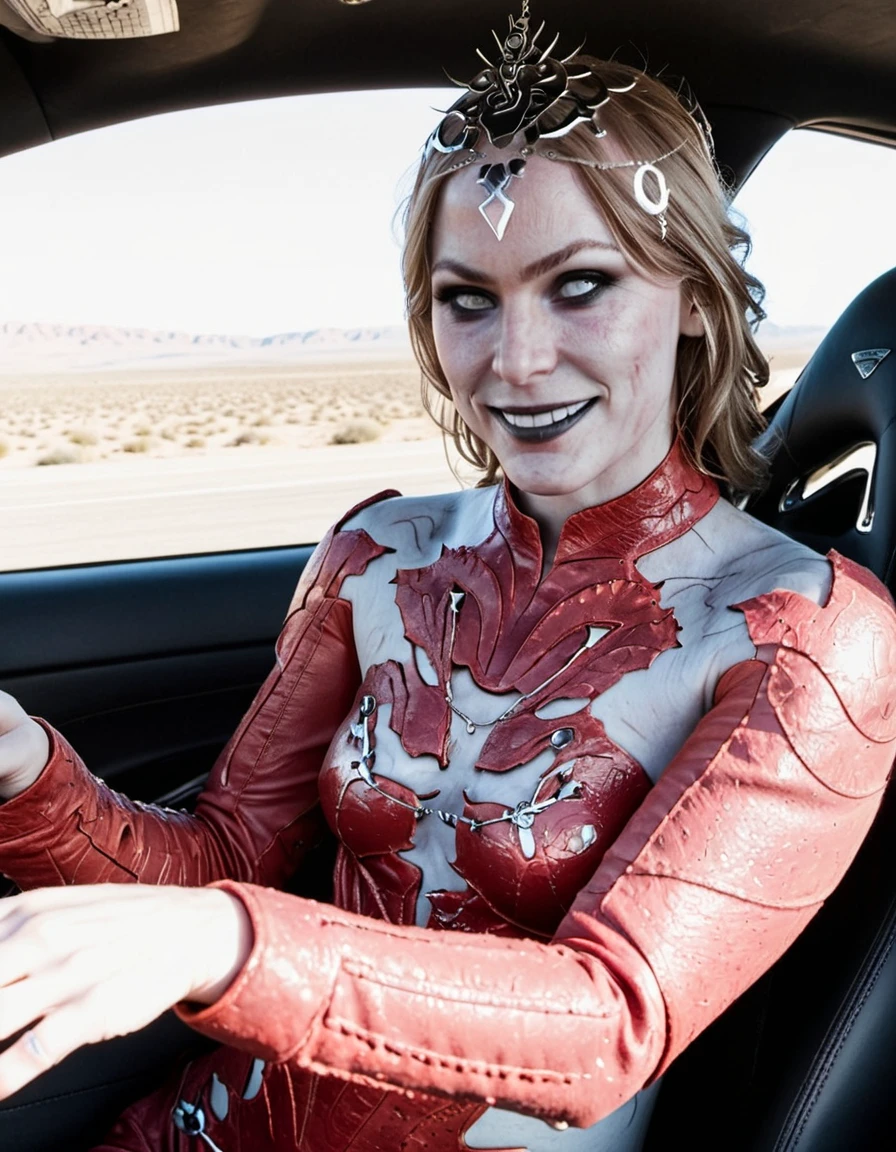 Photograph of <lora:C2BD749547:0.9> Orin-The-Red, acting in a Need For Speed movie, sitting in a super car, driver, Fast and Furious, white milky skin, white eyes, wearing red-cracked-bodysuit, wearing head ornament, wearing no makeup, looking at viewer, realistic matte skin, Hero shot, (Skin Texture, pores, natural,iPhone,RAW)), grin, teeth. Highest Quality, Nikon Z9, 8k