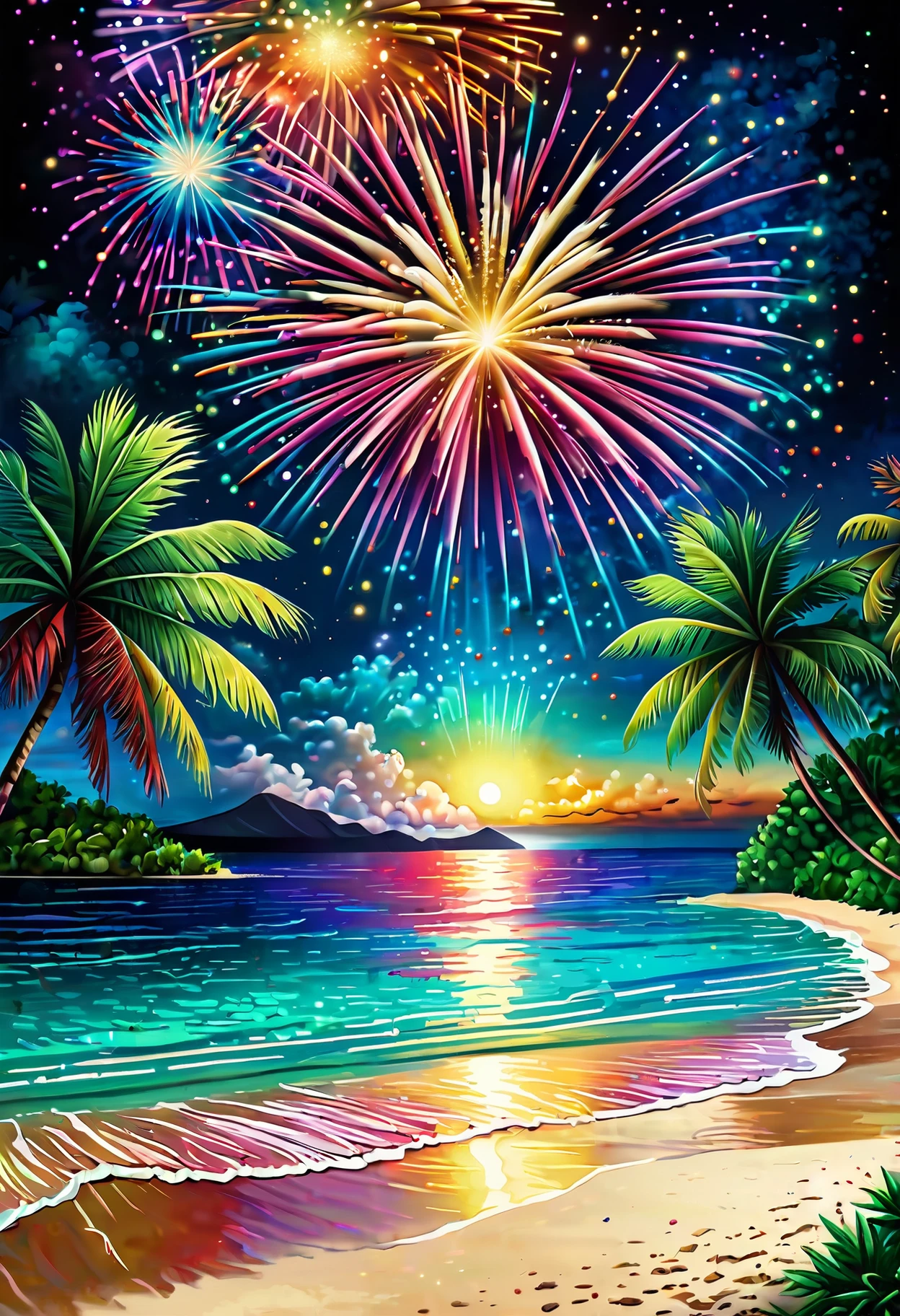 fireworks above a beach, nighttime, tropical, colorful , (masterpiece, high detail, best quality), realistic, fantasy