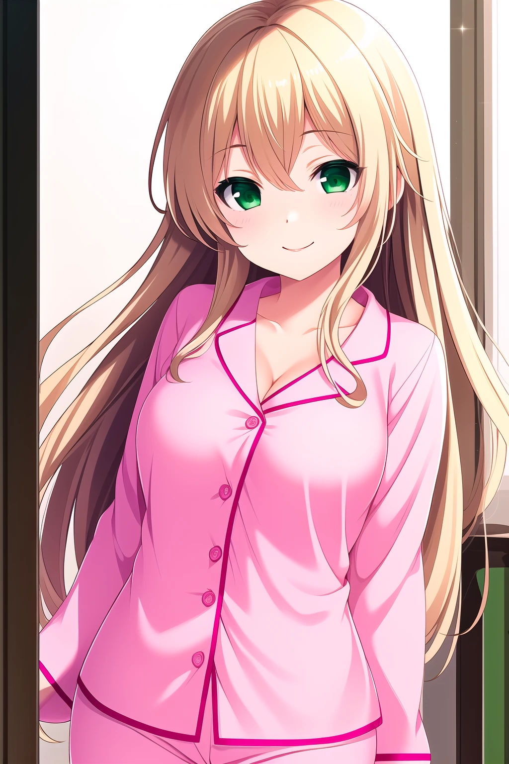 (masterpiece, best quality), highly detailed background, perfect lightingbest quality, mochizukierena, solo, indoors, room, blonde hair, hair between eyes, very long hair, green eyes, medium breasts, pink pajamas, pajamas, pink shirt, cleavage, pink pants, smile, closed mouth, :), pink lips, <lora:Mochizuki-Erena:0.7>