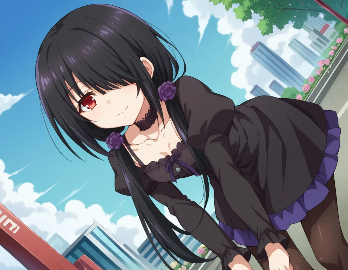 score_9, score_8_up, score_7_up, source_anime, 
kurumitokisaki, <lora:kurumi-tokisaki-ponyxl-lora-nochekaiser:1>, 
kurumi tokisaki casual, long hair, black hair, red eyes, long sleeves, dress, pantyhose, hair over one eye, black dress, black pantyhose, puffy sleeves, choker, collarbone, skirt, black skirt, flowers, hair flowers, purple flowers, twintails, low twintails,
outdoors, cityscape, smile, bent over,
looking at viewer, cowboy shot, dutch angle,