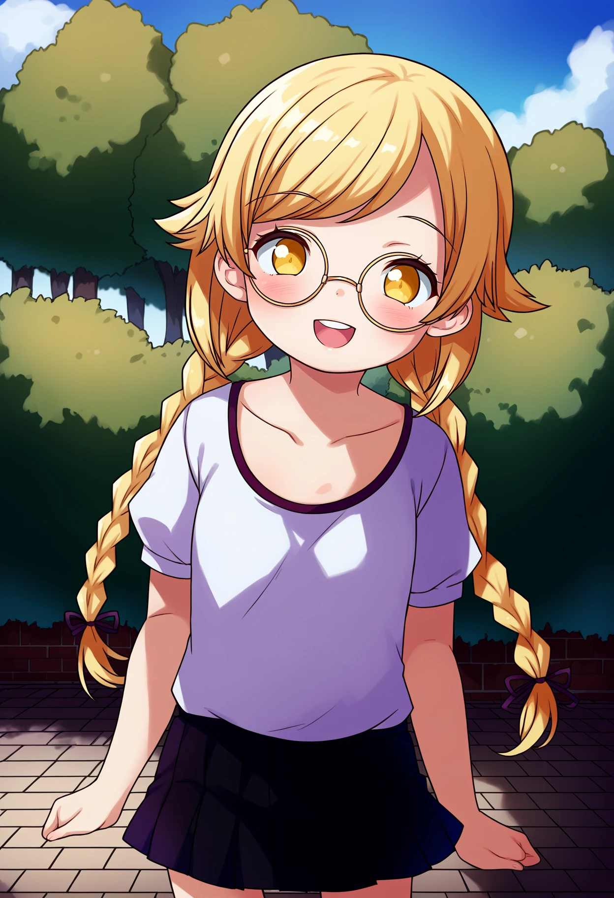 score_9, best quality, masterpiece, uncensored, source_anime
BREAK
1girl, :d, oshino shinobu, blonde hair, twin braids, yellow eyes, round glasses, blush, bush, collarbone, day, looking at viewer, open mouth, outdoors, round teeth, short sleeves, smile, solo, standing, cowboy shot, teeth, tree, yellow eyes, black skirt, white shirt
<lora:done_(donezumi)_pony_v1:1>