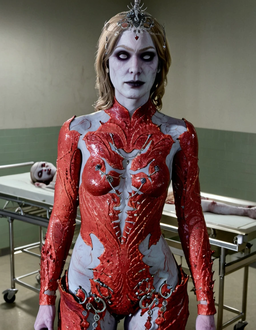 <lora:39ADB65A02:1> Photograph of  Orin-The-Red, standing in front of a morgue autopsy table, morgue scenery, corpse, death, blood, horror, murder, white milky skin, ((white eyes)), wearing red-cracked-bodysuit, wearing head ornament, wearing no makeup, looking at viewer, realistic matte skin, (Skin Texture, pores, natural,iPhone,RAW)). Highest Quality, Nikon Z9, 8k