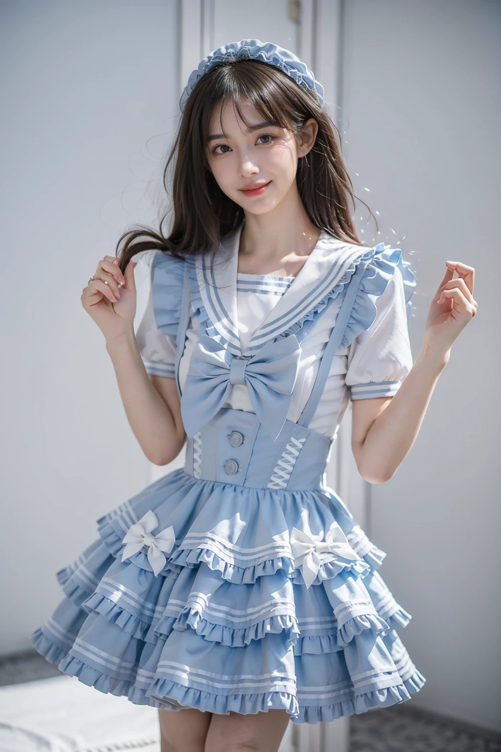 (masterpiece, best quality), 1girl, blue and white frill dress, (white stockings), cute face, standing, indoor, intricate detail, sunlight,