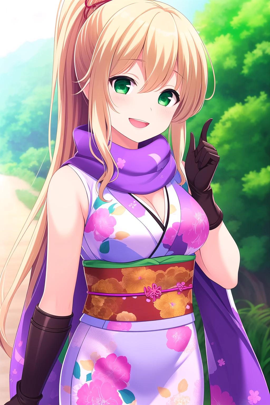 (masterpiece, best quality), highly detailed background, perfect lightingbest quality, mochizukierena, solo, outdoors, nature, blonde hair, ponytail, hair between eyes, very long hair, green eyes, purple scarf, medium breasts, green kimono, short kimono, sleeveless kimono, cleavage, floral print, black gloves, elbow gloves, japanese clothes, smile, open mouth, :d, pink lips, <lora:Mochizuki-Erena:0.7>