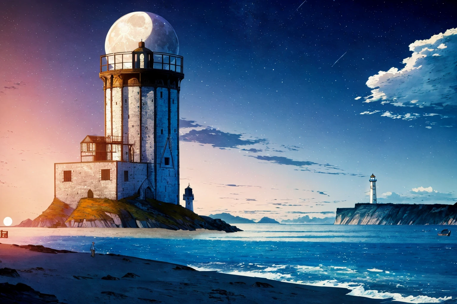 masterpiece, ultra-detailed, best quality, illustration, 8k cg wallpaper, an extremely delicate and beautiful, stunning landscape, beach, lighthouse, moon, stars, clouds, intricately detailed items in background, <lora:Wolfwalkers:1>