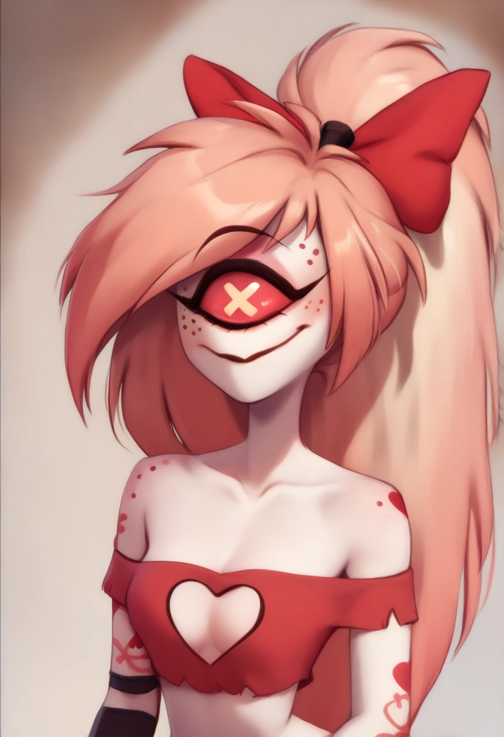 <lora:hazbin_hotel_ponyxl_v2-000025:0.9>, cherri, cyclops, red hair bow, solo, 1girl, standing, smile, heart cutout, closed mouth,
BREAK
score_9, score_8_up, score_7_up, score_6_up, <lora:PersonalAmi_PonyXL_resize:1>