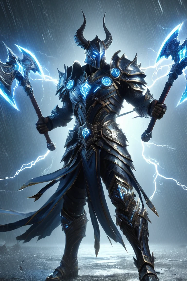 a cinematic shot of a of game character wielding two lightning axes, dual axes, wearing armor, raining in background, reflective light, HD, masterpiece, best quality, hyper detailed, ultra detailed