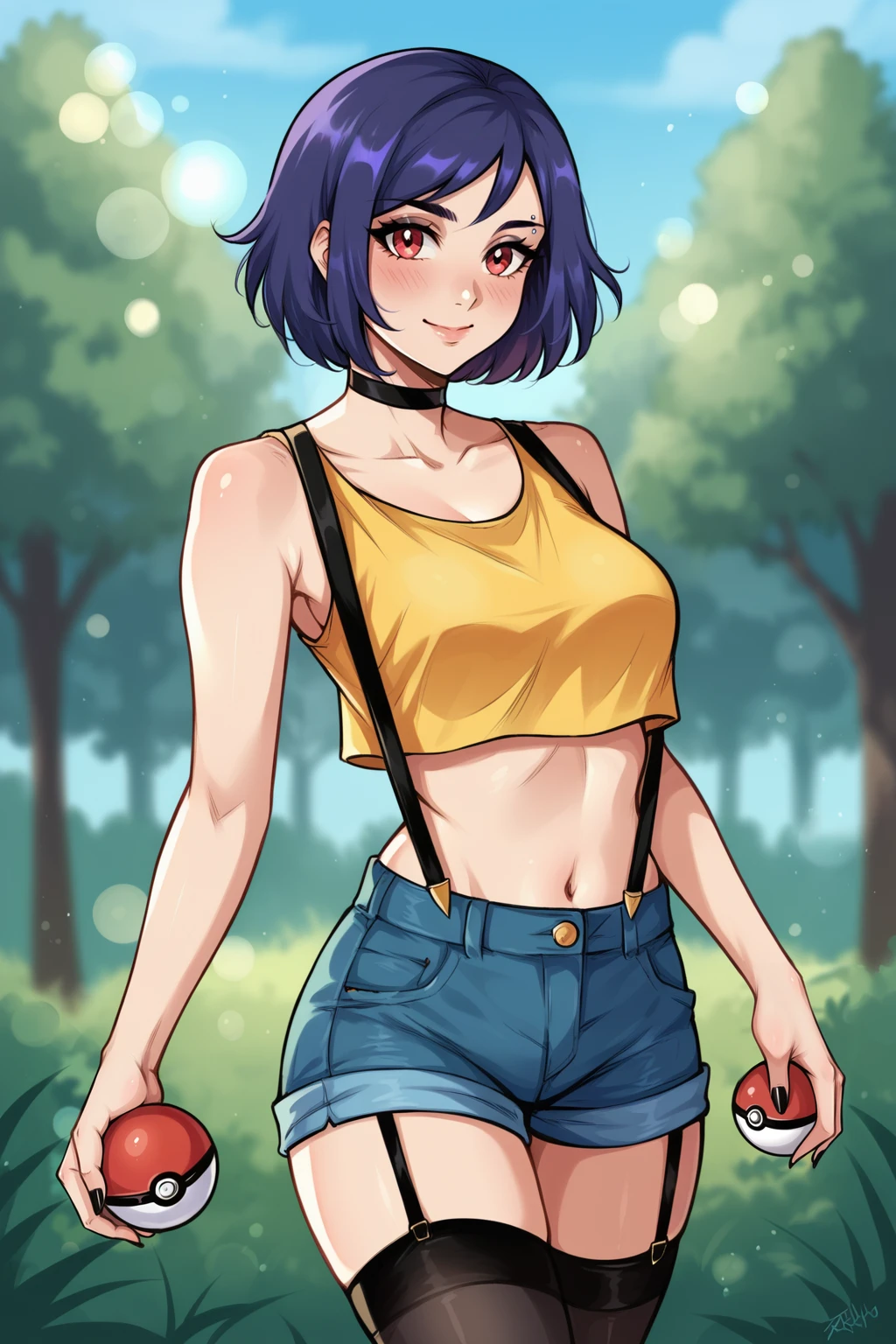 score_9, score_8_up, score_8,
<lora:Everlasting_Summer_Kristina_by_GraffMetal:0.7>, kristina, dark purple hair color, short hair, bob hair cut, red eyes, piercing, 1girl, solo, blue hair, eyebrow piercing,
blush, light smile,
8k RAW, realistic, bokeh, highly detailed, standing, cowboy shot, holding,(pokemon) (cosplay), yellow crop top, suspenders, denim shorts, holding poke ball, choker, black nails, makeup, black stockings and garter belt
amazing background, looking at the viewer, summer, day, outside,