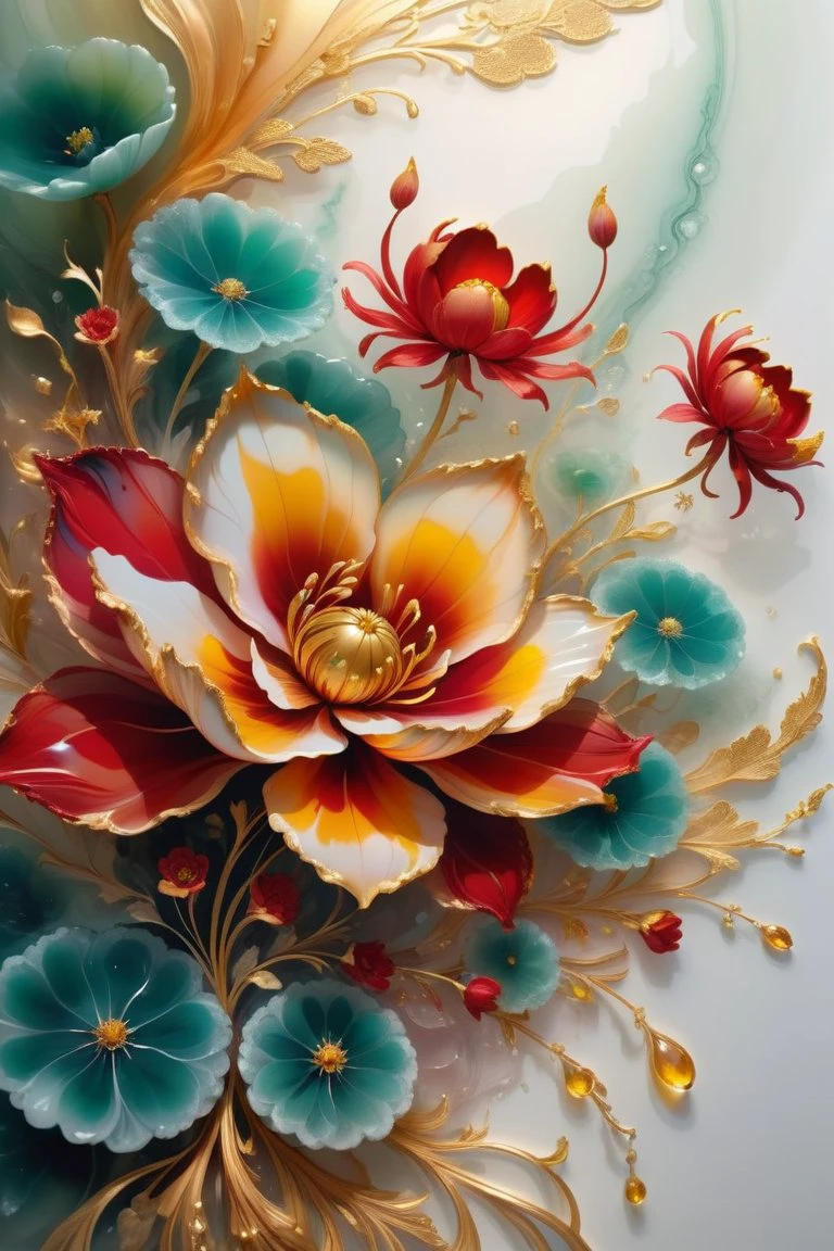 A bunch of blooming flowers,the petals show different shades of red and yellow the center is embellished with gold texture,sparkling, elegant and unique, gently swaying, mysterious and charming, realistic and abstract art, details, very realistic, beautiful and vital, dreamlike and surreal, delicate brush strokes and rich colors, beauty and mystery, unimaginable beauty,Ornate And Intricate, transparent, translucent, Agate material, jade material, BY Anne Bachelier, sketch artstyle