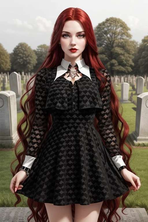 adult, 1girl, long red hair, makeup, lipstick, portrait, hud_gth_drss, black heart patterned short dress, dress, white collar, white wrist cuffs, long sleeves, <lora:hud_gth_drss_15:0.7>, cemetery, gravestones