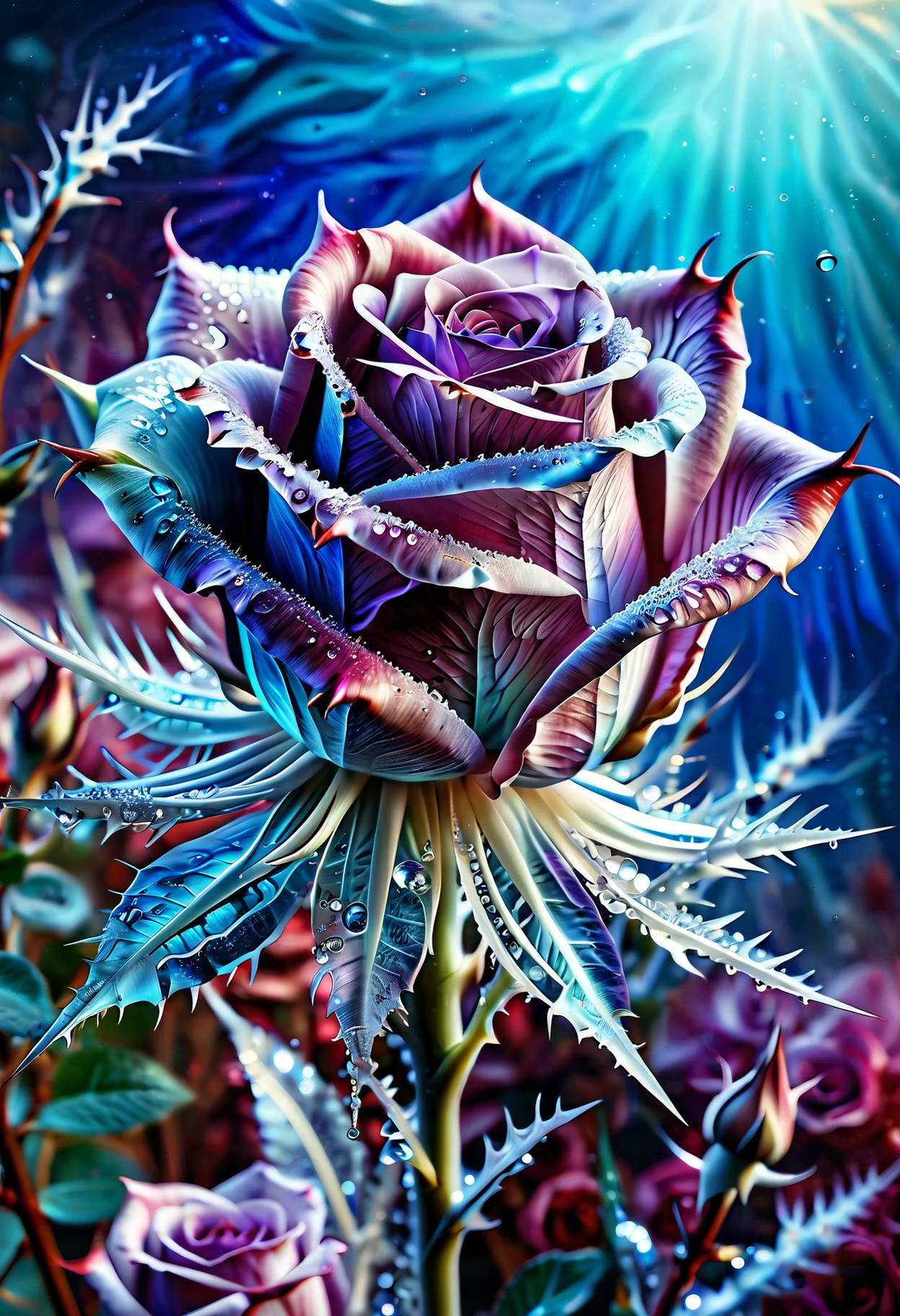 DonM50und0fMu51cXL, blue purple white crystal rose, stem with thorns, translucent, ice and water spiraling, magical, beautiful,, (masterpiece, high detail, best quality), realistic, fantasy