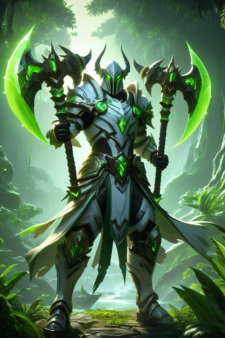 a cinematic shot of a of a fantasy game character wielding two green glowing Axes, wearing white armor, jungle in background, reflective light, HD, masterpiece, best quality, hyper detailed, ultra detailed