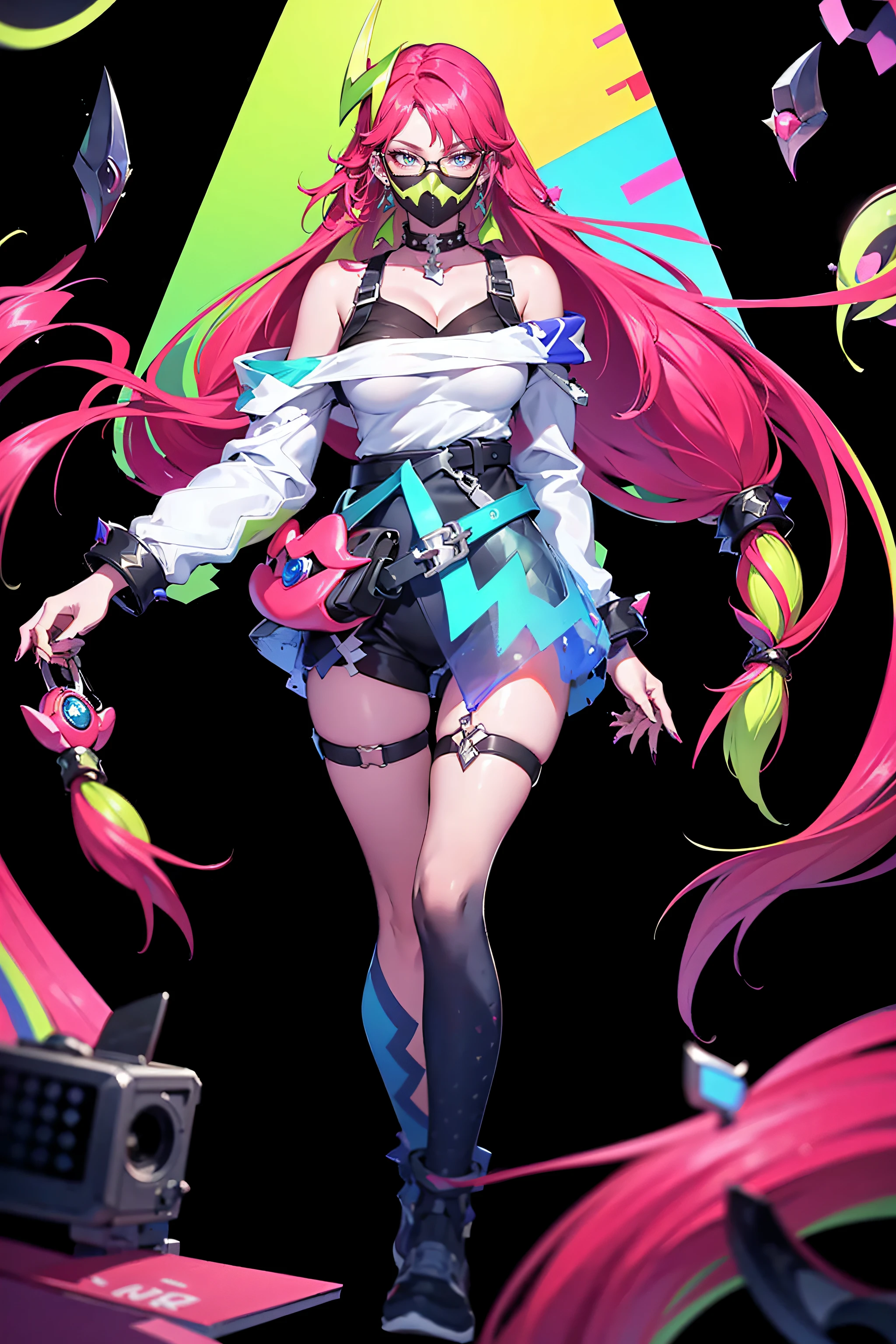 <lora:Veres S-Dreamer:0.8>veres s-dreamer, (1girl:1.4), solo, long hair, very long hair, pink hair, multicolored hair, green hair, bangs, low-tied long hair, horns, looking at viewer, green eyes, (glasses:1.2), green-framed eyewear, mask, mouth mask, black mask, earrings, piercing, ear piercing, choker, bare shoulders, jacket, white jacket, long sleeves, bracelet, fingernails, long fingernails, pink nails, jewelry, badge, button badge, cleavage, breasts, belt, skirt, see-through, asymmetrical legwear, shorts, black shorts, high-waist shorts, thighhighs, thigh strap, mismatched legwear, shoes, socks, black footwear, highres,absurdres,masterpiece,best quality,original,extremely detailed CG,extremely detailed wallpaper,perfect lighting,looking at viewer,1girl,blurry background,bare hands