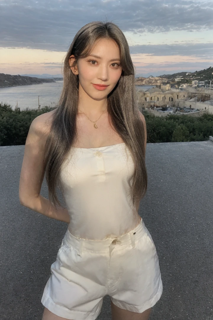 1girl, smile, solo, (upper body), looking at viewer, detailed face, Paperbag waist shorts, button-up shirt, charm bracelet, Frame the breathtaking sunset over Lindos' ancient Acropolis, casting a golden glow over the whitewashed houses and creating a mesmerizing atmosphere. <lora:sakuralorashyv1_5:1>