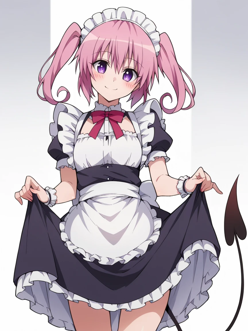 score_9, score_8_up, score_7_up, score_6_up, score_5_up, score_4_up, source_anime, BREAK, <lora:nanadevilXLPonyV1:0.9>, nanadevil, nana asta deviluke, 1girl, solo, long hair, looking at viewer, blush, twintails, purple eyes, pink hair, happy, smile, tail, demon tail, maid, skirt lift,