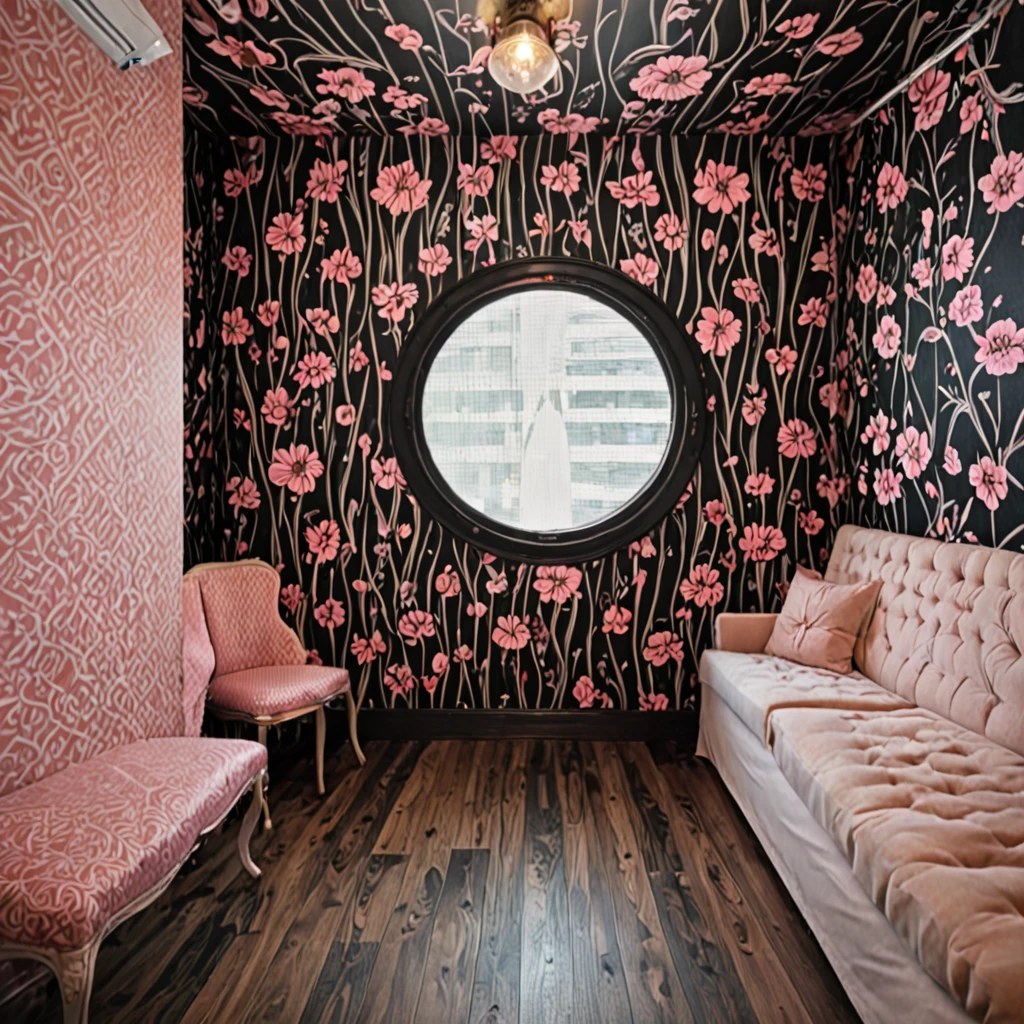 dark wallpaper, pink floral designs, dark hardwood floor <lora:Nagakin_epoch_6:1>