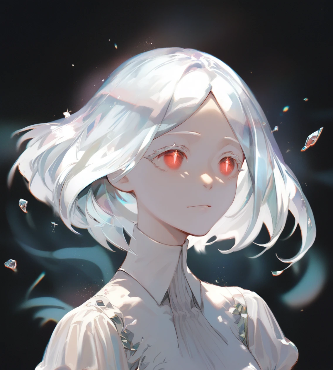 score_9,score_8_up,score_7_up,score_6_up,source anime BREAK,
1girl, solo, solo focus, white hair, parted bangs, dark background, glowing, chromatic aberration, gradient hair, crystal hair, medium breasts, red eyes, dress, portrait, gem, straight-on,
<lora:houseki_no_kuni_artworks-000014:1>