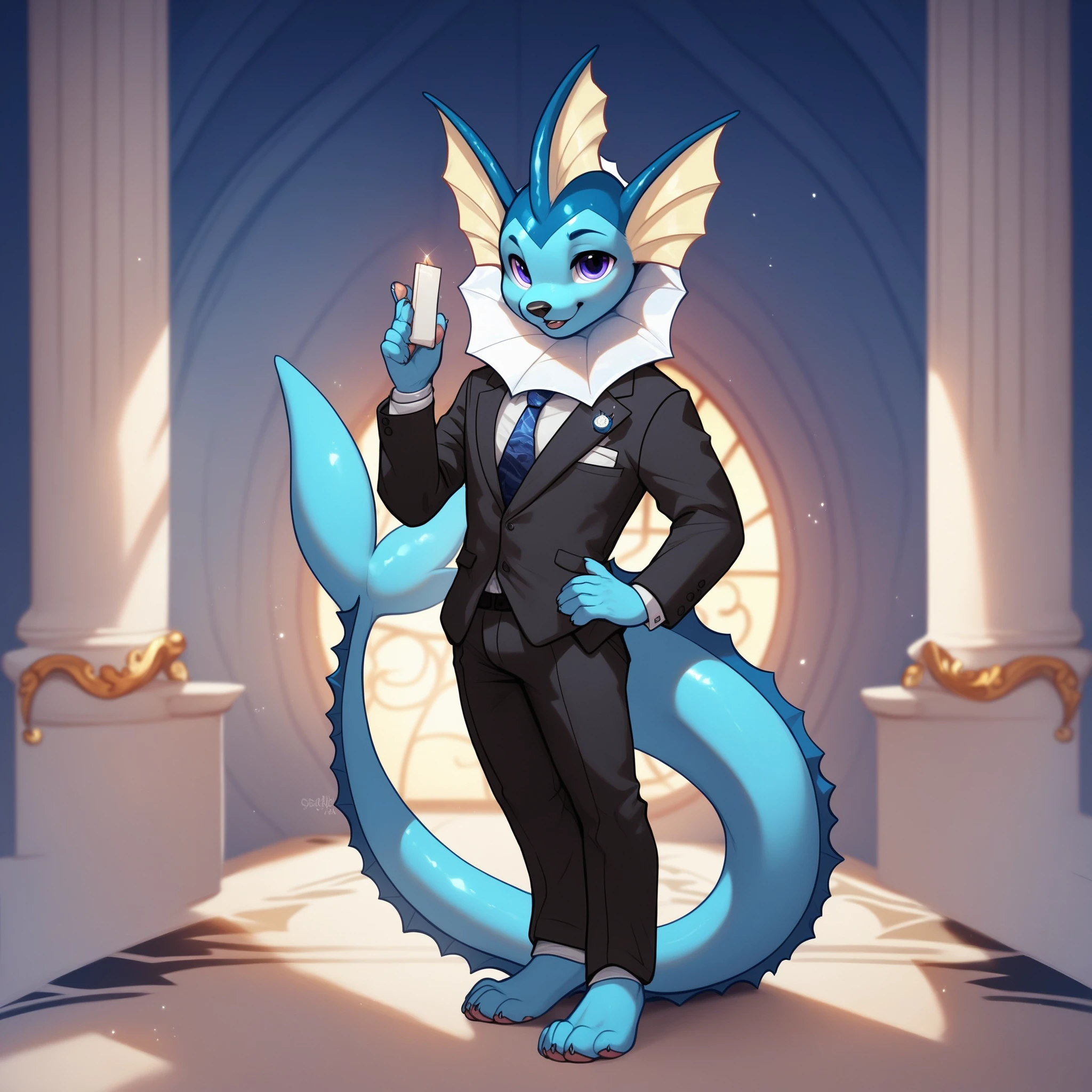 score_9, score_8_up, score_7_up, score_6_up, score_5_up, score_4_up, rating safe, source furry, <lora:Vaporeon_PonyV6SDXL:0.8>, detailed background, mansion, full-length portrait,  BREAK
solo, male, anthro, Vaporeon, suit, cute expression, looking at viewer, 4 toes, 5 fingers, blue body, posing for picture,